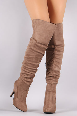 Suede Drawstring-Tie Chunky Heeled Over-The-Knee Boots