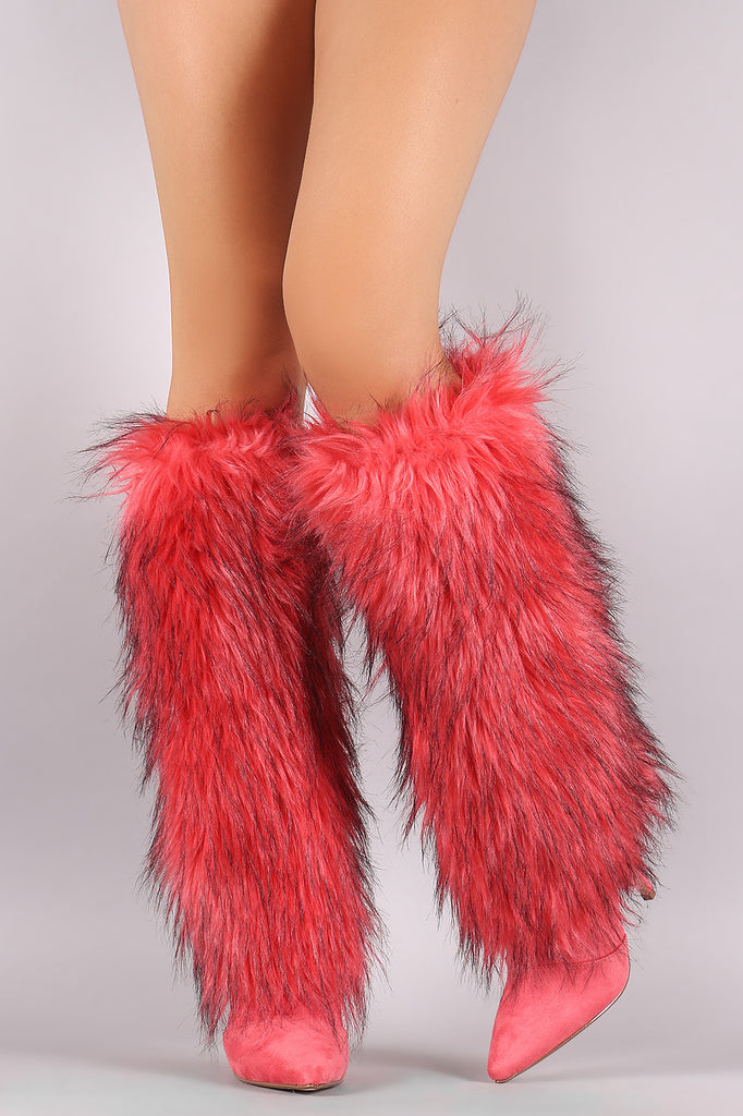 Faux Fur Shaft Pointy Toe Stiletto Knee High Boots