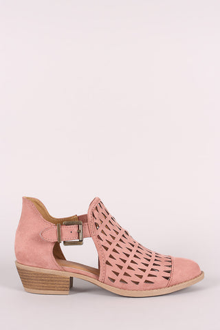 Liliana Denim Buckle Strap Exposed Back Chunky Heeled Booties