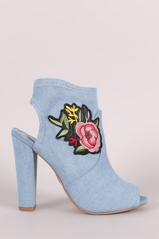 Liliana Denim Buckle Strap Exposed Back Chunky Heeled Booties