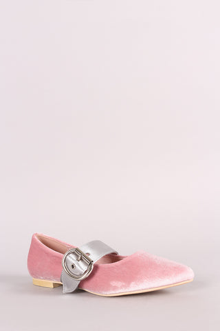 Velvet Triple Straps Pointy Toe Mary Jane Flat
